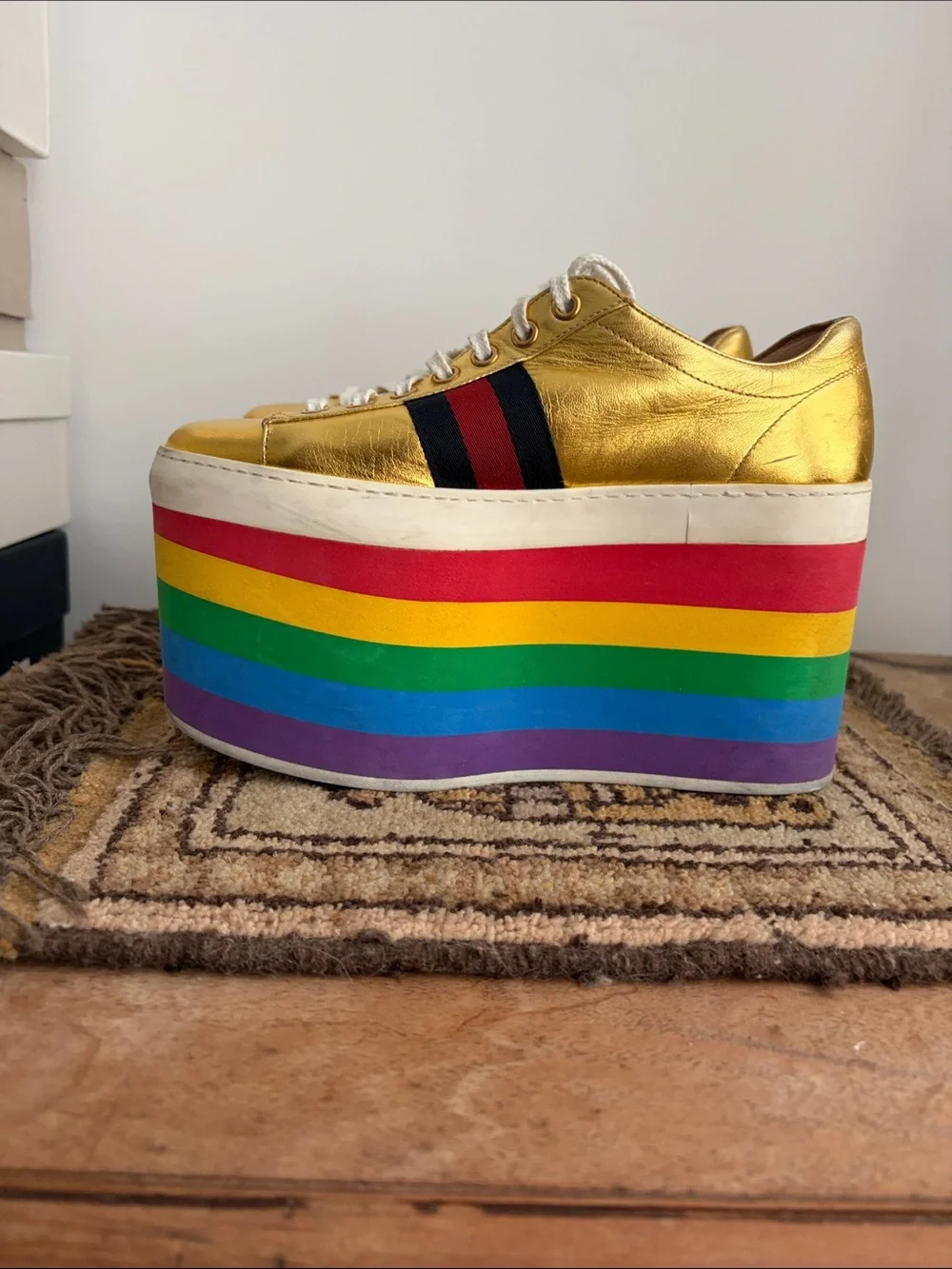 Gucci- PEGGY Gold Rainbow Platform Sneakers - Women's  Lace-Up sz 36 - DAMAGED